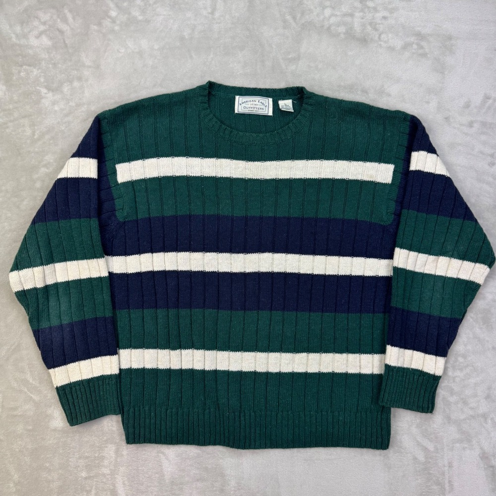 Vintage 90s American Eagle Sweater Men's Large Striped Cotton Ramie Knit Crew